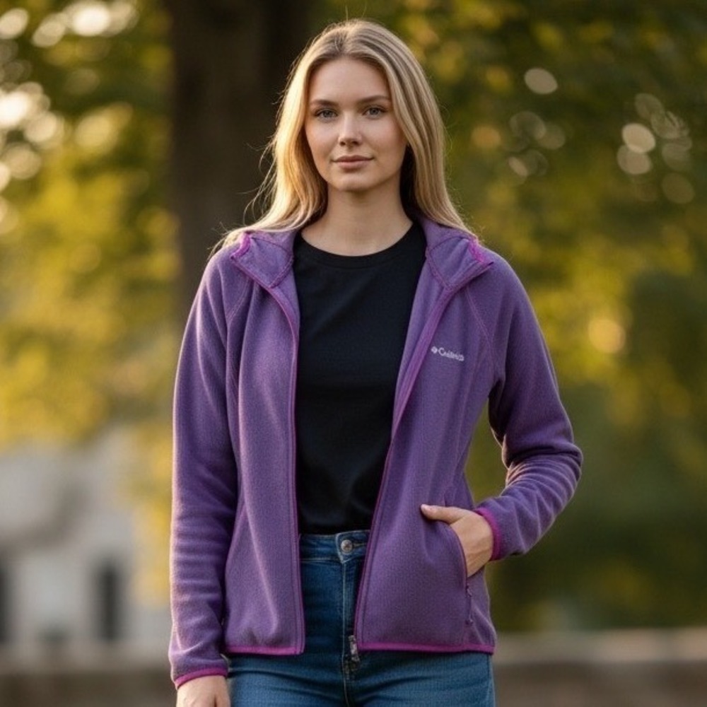 Columbia Womens Purple Fleece Hooded Full Zip Jacket Small Textured Athleisure